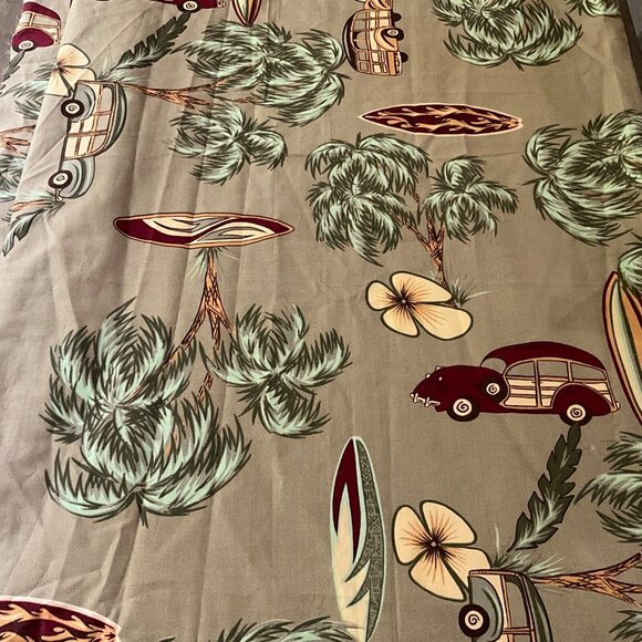 Hawaiian Tiki Beach Woody Car Surfboard Palm Trees Fabric 90" Wide x 64" - Picture 1 of 5
